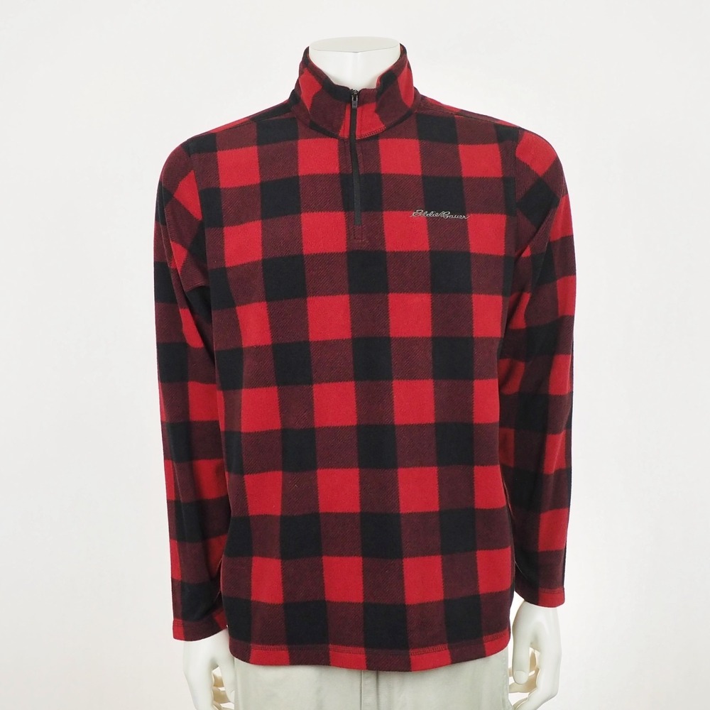 Eddie Bauer 1/4-Zip Mock Fleece Sweater Mens Medium Red Black Buffalo Check